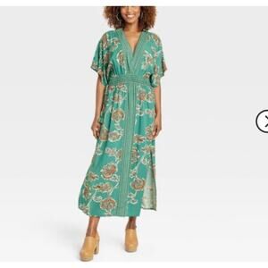 Knox Rose Women L Boho Peasant Floral Maxi Dress Patchwork Mixed Media Green